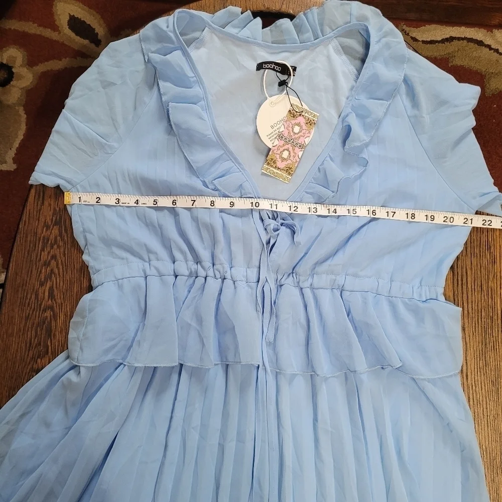Boohoo Blue Pleated Long Sleeve Ruffle Midi Smock Dress Size Women's 6 NEW